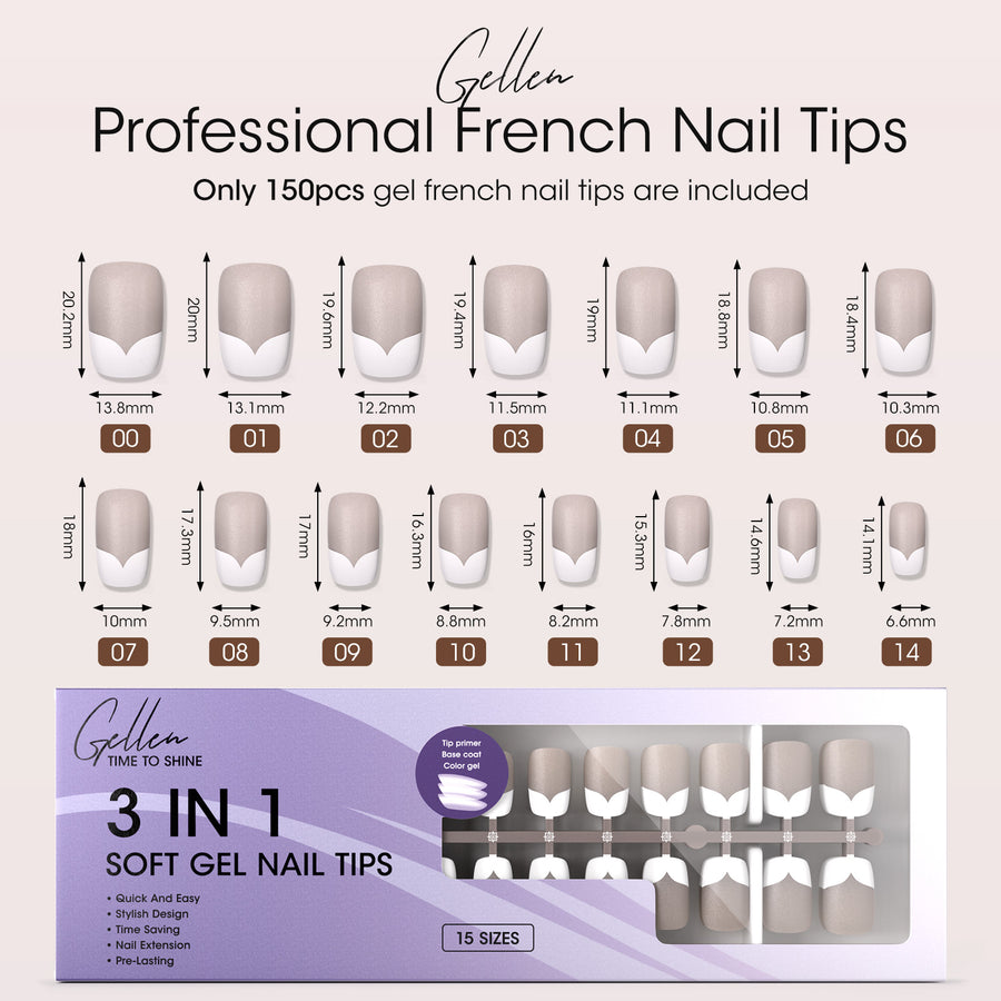 Gellen French Tips Press on Nails - 150 Pcs Gray Medium Square, Salon Acrylic Press on Nails Soft Gel Nail Tips, 15 Sizes Fake Nails Full Cover Tips for Nail Art