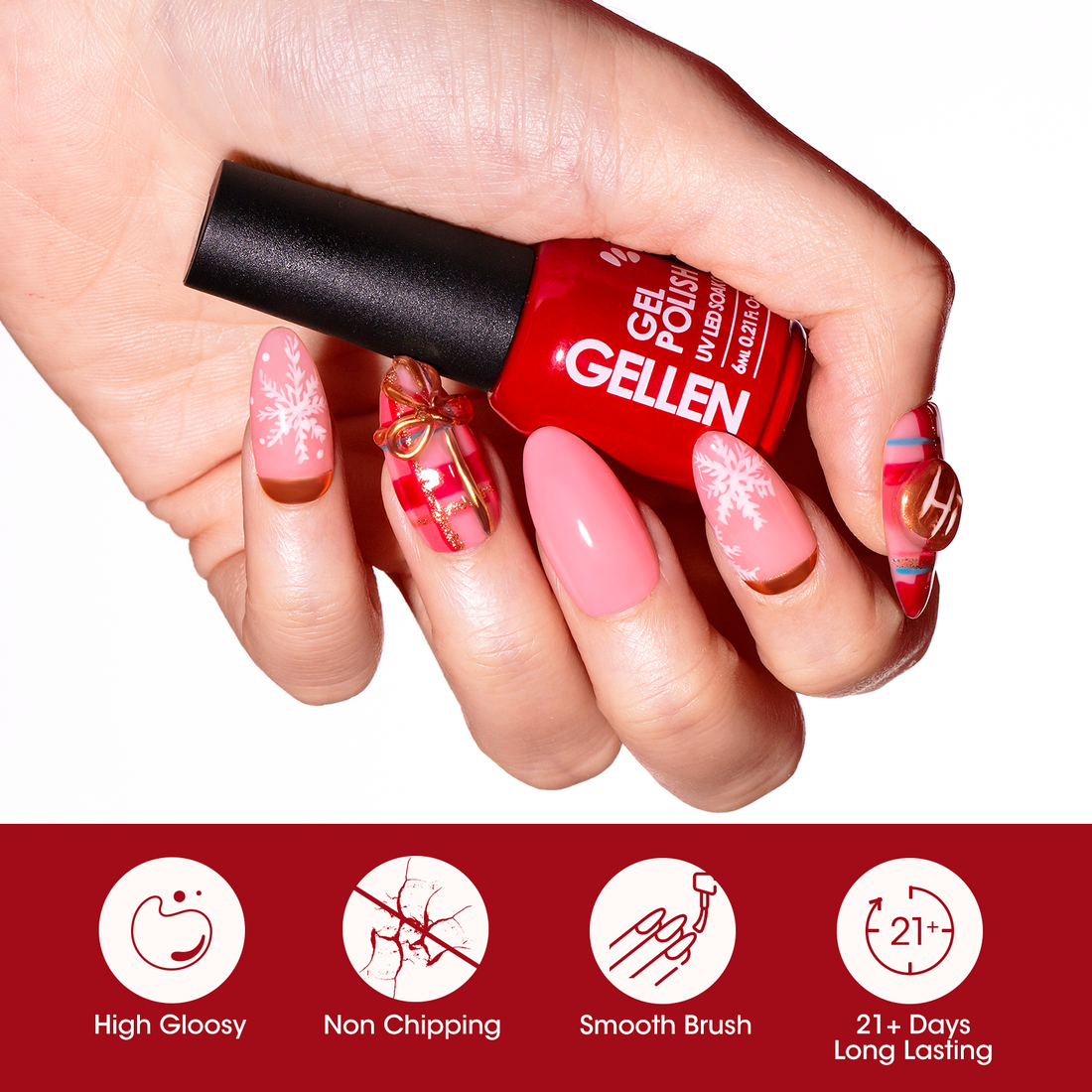 Gellen Gel Nail Polish Kit, Glossy White Pink Red Gel Polish, Soak off Gel Nail Kit for DIY Home Gel Manicure Set, 6 Colors Nail Polish Kit for Nail Art