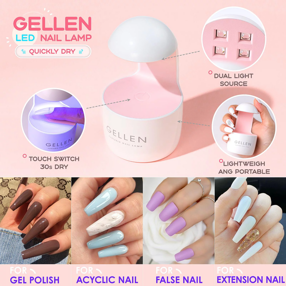 Gellen Nail Tips and Glue Gel Kit, False Nail Set with 240Pcs Half Matte & Glossy Almond Acrylic Fake Nails, Nail Glue Base Gel and LED Nail Lamp