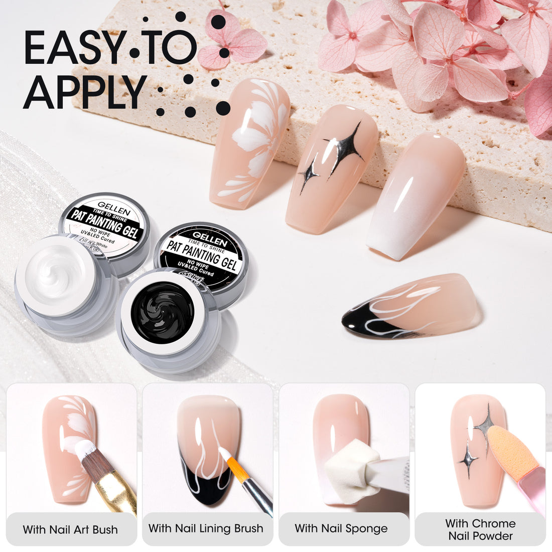Gellen Black & White Nail Painting Gel, Metal Platinum Reflective Painting Gel Polish for Nails Drawing French-tip Floral Painted Liner Soak off UV/LED Cured for Salon DIY Nail Art
