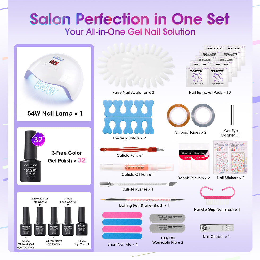 Gellen 71Pcs Gel Nail Polish Kit with 54W UV Light, 32Colors Mist & Sp ...