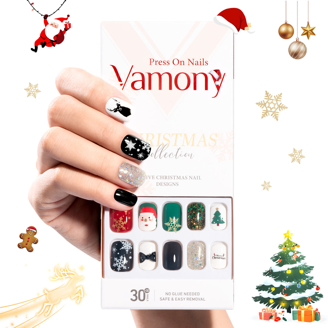 Vamony Short Square Press on Nails, Fake Nail Tips Kit with Adhesive Tabs, Mani Sticks and Files, 30 Count Xmas05 French False Nails Set Gift for Girls Women
