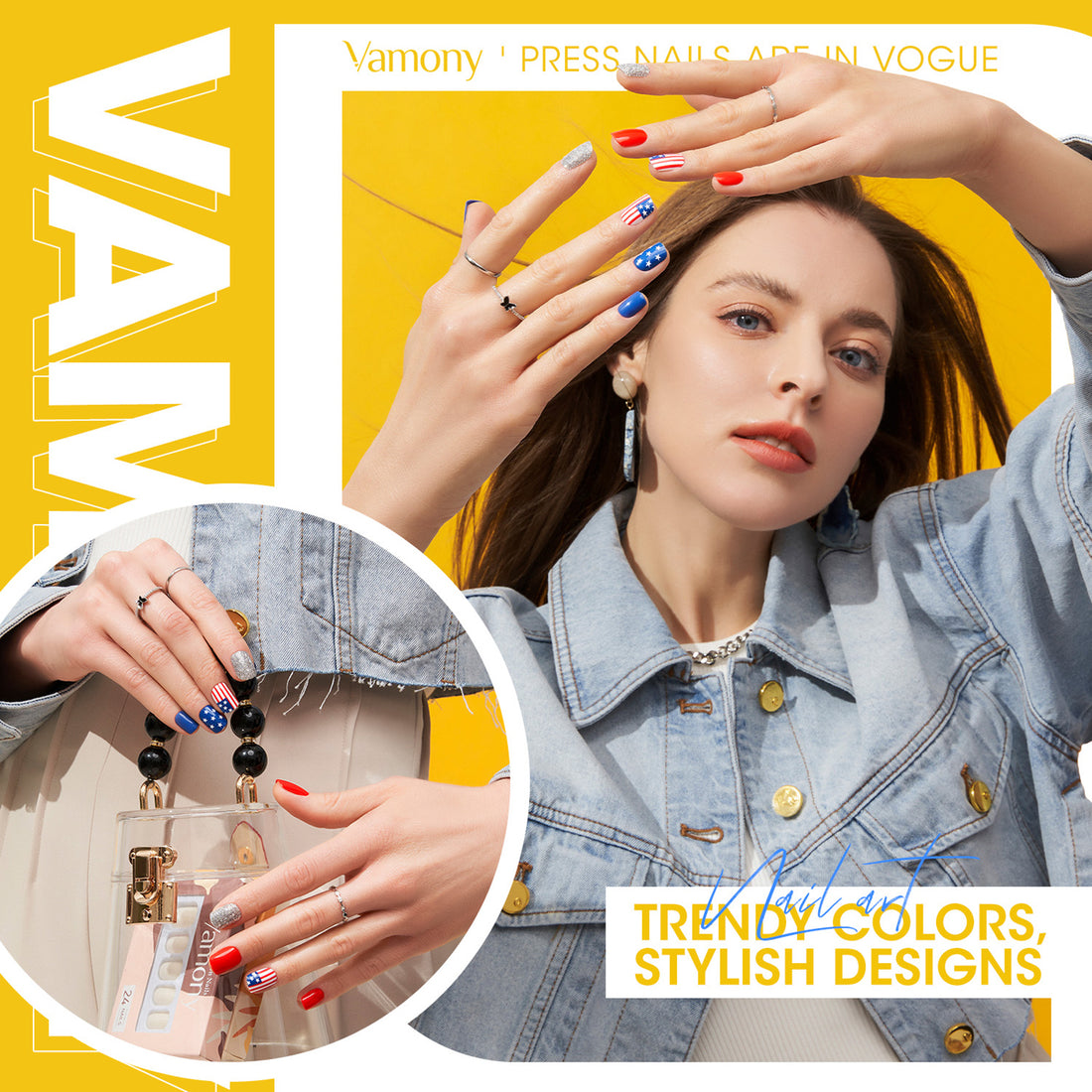 Vamony Press on Nails, 108 Pcs Short Square 4th of July Colors Finger False Nails, Press on Nails Kit with Adhesive Tabs, Mani Sticks and Files, Artificial Nails for Girls Women, 4 Packs Fake Nails