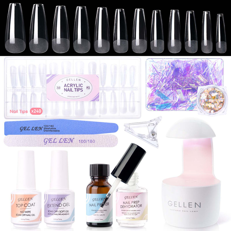 Gellen Gel Nail Kit, Nail Tips and Glue Gel Kit with Base & Top Coat & 5 In 1 Nail Glue Gel, 240Pcs Clear Coffin Fake Nails Tips and UV Nail Lamp, Fast False Nails Extension Manicure Set