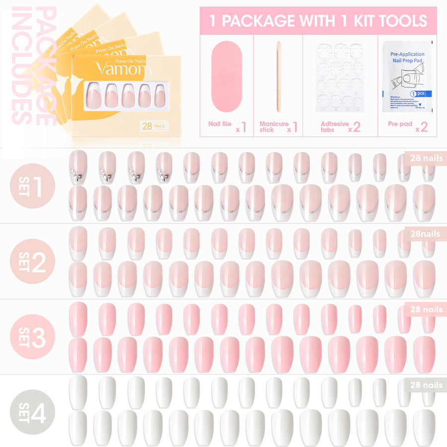 Vamony Short Coffin Press on Nails, 112 Pcs Fake Nail Tips Kit with Adhesive Tabs, Mani Sticks and Files, 4×28 Count White Pink French False Nails Gift for Girls Women