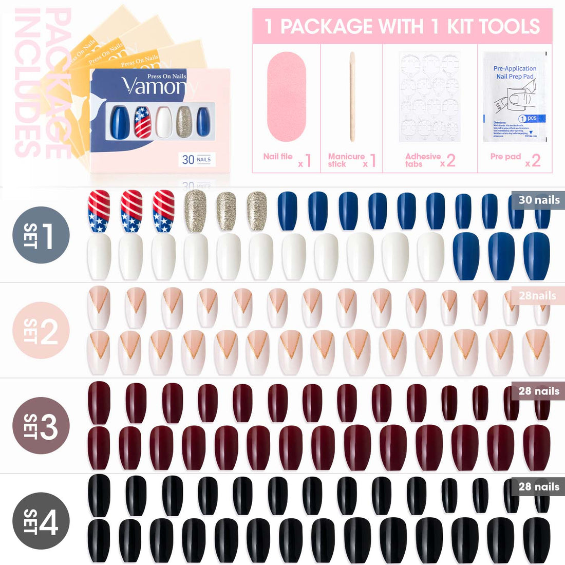 Vamony Short Coffin Press on Nails, 112 Pcs Fake Nail Tips Kit with Adhesive Tabs, Mani Sticks and Files, 4×28 Count Blue White French False Nails Gift for Girls Women