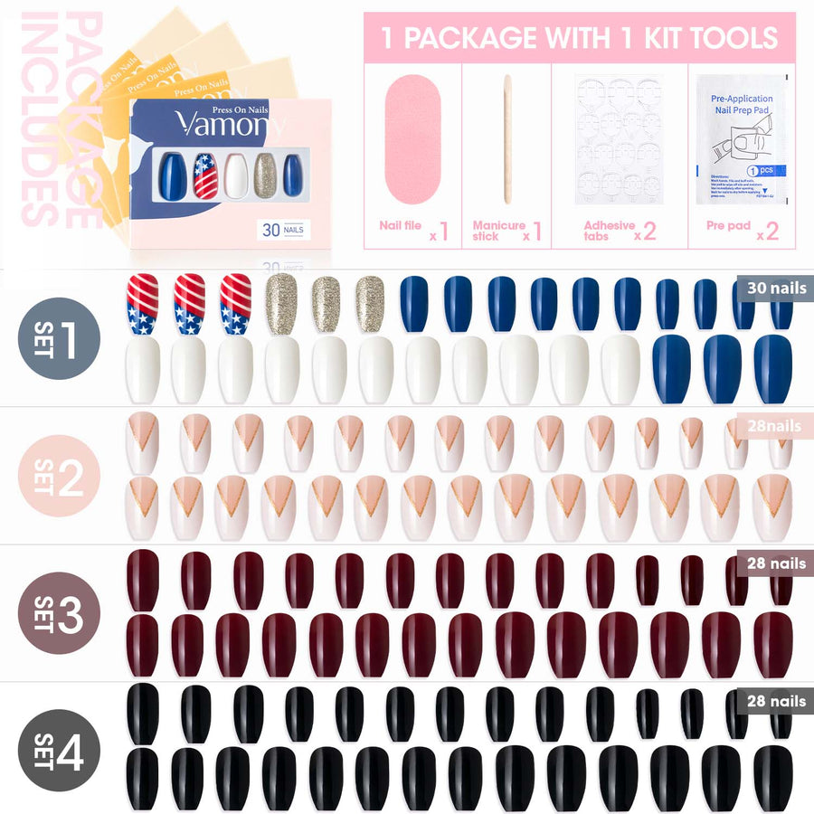 Vamony Short Coffin Press on Nails, 112 Pcs Fake Nail Tips Kit with Adhesive Tabs, Mani Sticks and Files, 4×28 Count Blue White French False Nails Gift for Girls Women