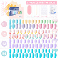 Vamony Short Coffin Press on Nails, 112 Pcs Fake Nail Tips Kit with Adhesive Tabs, Mani Sticks and Files, 4×28 Count Macaron French False Nails Gift for Girls Women