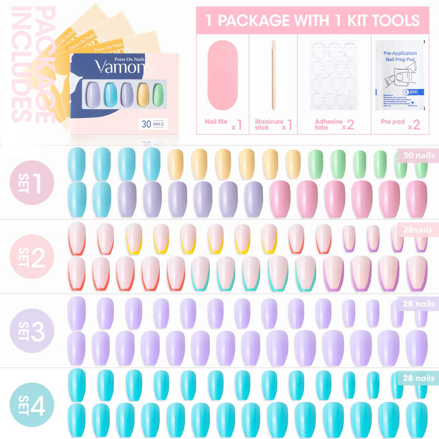 Vamony Short Coffin Press on Nails, 112 Pcs Fake Nail Tips Kit with Adhesive Tabs, Mani Sticks and Files, 4×28 Count Macaron French False Nails Gift for Girls Women