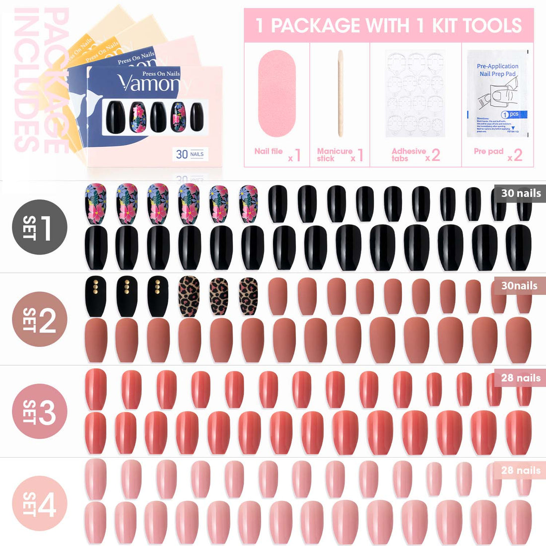 Vamony Short Coffin Press on Nails, 112 Pcs Fake Nail Tips Kit with Adhesive Tabs, Mani Sticks and Files, 4×28 Count Black Red French False Nails Gift for Girls Women
