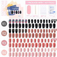 Vamony Short Coffin Press on Nails, 112 Pcs Fake Nail Tips Kit with Adhesive Tabs, Mani Sticks and Files, 4×28 Count Black Red French False Nails Gift for Girls Women