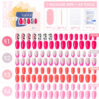 Vamony Short Coffin Press on Nails, 112 Pcs Fake Nail Tips Kit with Adhesive Tabs, Mani Sticks and Files, 4×28 Count Purple Pink French False Nails Gift for Girls Women