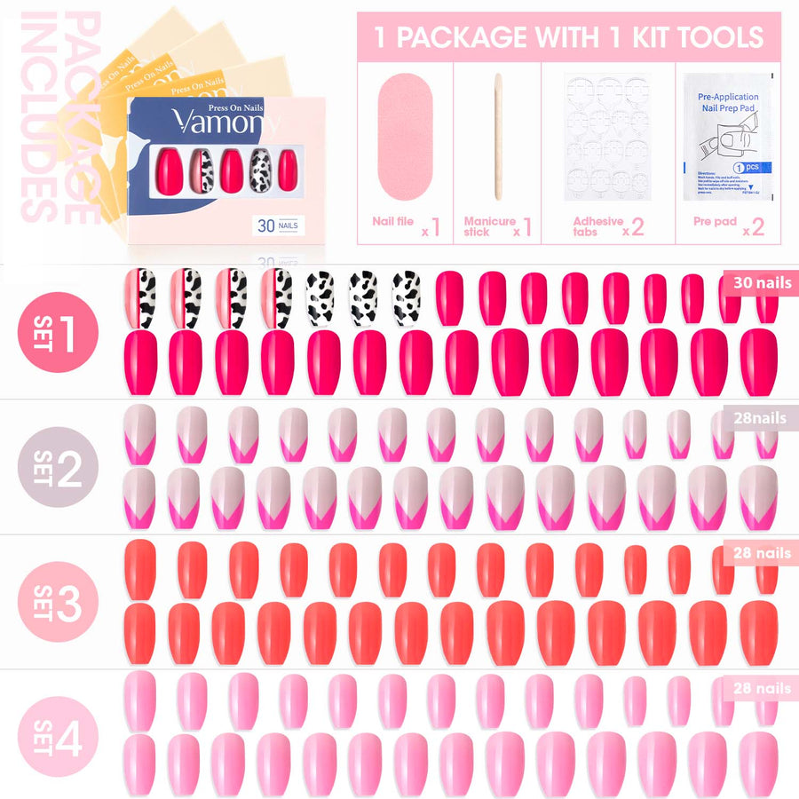Vamony Short Coffin Press on Nails, 112 Pcs Fake Nail Tips Kit with Adhesive Tabs, Mani Sticks and Files, 4×28 Count Purple Pink French False Nails Gift for Girls Women