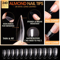 Gellen Nail Tips and Glue Gel Kit, False Nail Set with 240Pcs Half Matte & Glossy Almond Acrylic Fake Nails, Nail Glue Base Gel and LED Nail Lamp