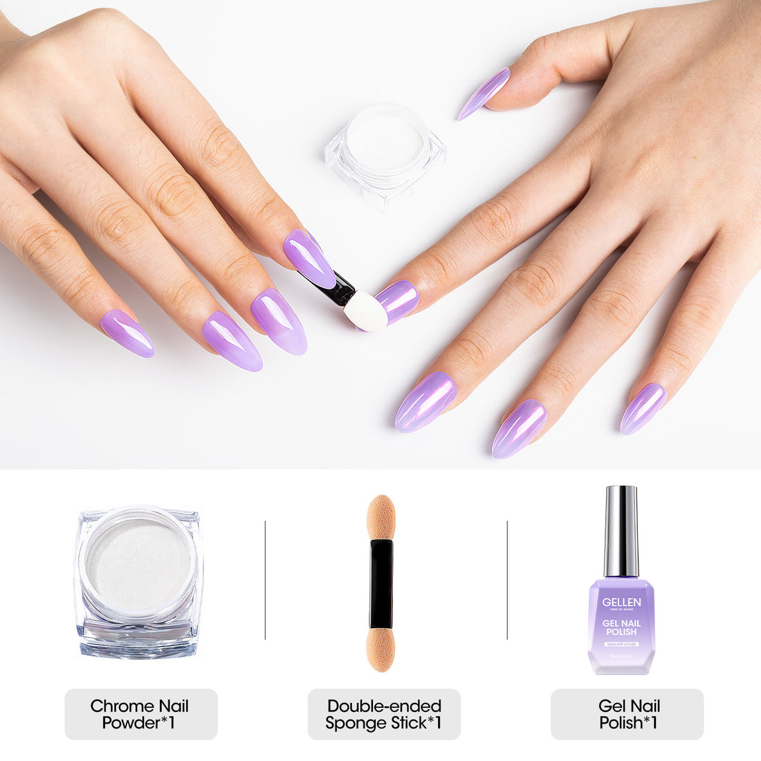 Gellen Gel Polish Chrome Nail Powder Kit - 1Pc 18ml Purple Gel Nail Polish and 1Pc Pearl Nail Chrome Powder, Iridescent Aurora Mirror Effect Pigment for Nail Polish Nail Art