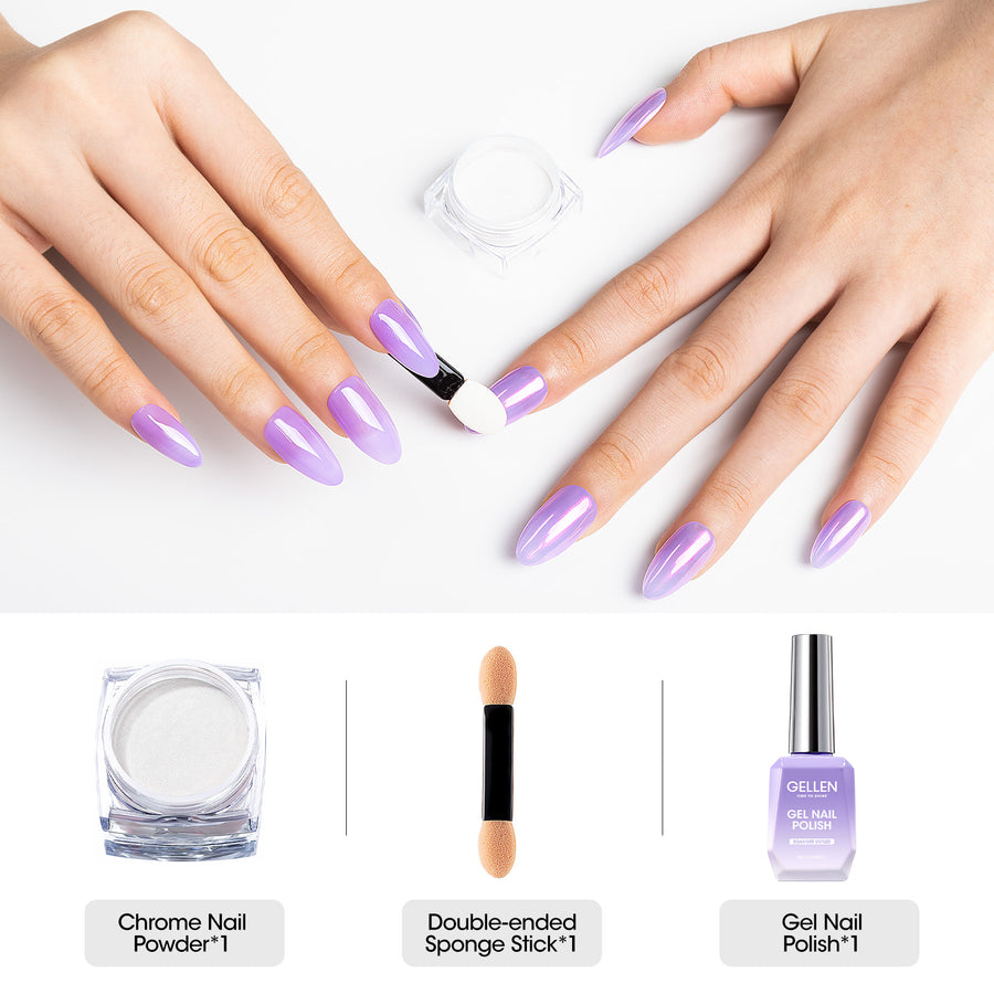 Gellen Gel Polish Chrome Nail Powder Kit - 1Pc 18ml Purple Gel Nail Polish and 1Pc Pearl Nail Chrome Powder, Iridescent Aurora Mirror Effect Pigment for Nail Polish Nail Art