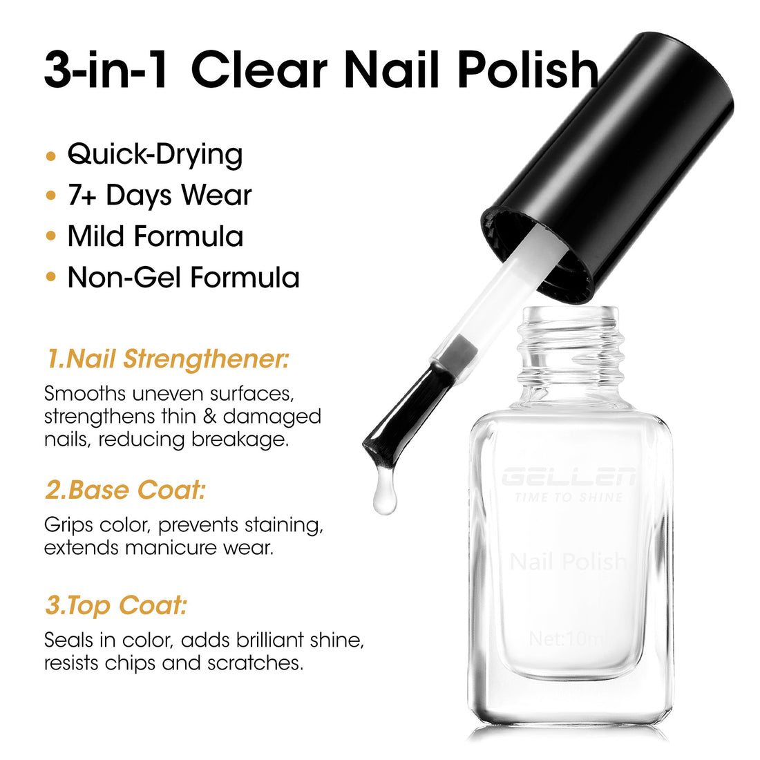 Gellen Nail Polish, Quick Dry 3 Colors Metallic Sliver Gold & Base Top Strengthener 3-in-1 Nail Polish Set Xmas Halloween Nail Lacquer Set, Gift for Women Home Nail Art, No UV Light Needed, 0.33 Fl.oz