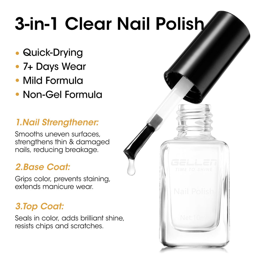 Gellen Nail Polish, Quick Dry 3 Colors Metallic Sliver Gold & Base Top Strengthener 3-in-1 Nail Polish Set Xmas Halloween Nail Lacquer Set, Gift for Women Home Nail Art, No UV Light Needed, 0.33 Fl.oz
