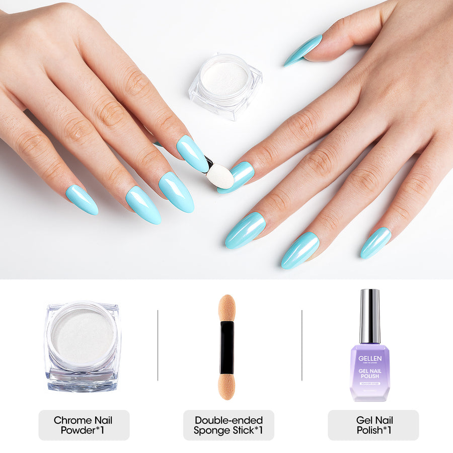 Gellen Gel Polish Chrome Nail Powder Kit - 1Pc 18ml Blue Gel Nail Polish and 1Pc Pearl Nail Chrome Powder, Iridescent Aurora Mirror Effect Pigment for Nail Polish Nail Art