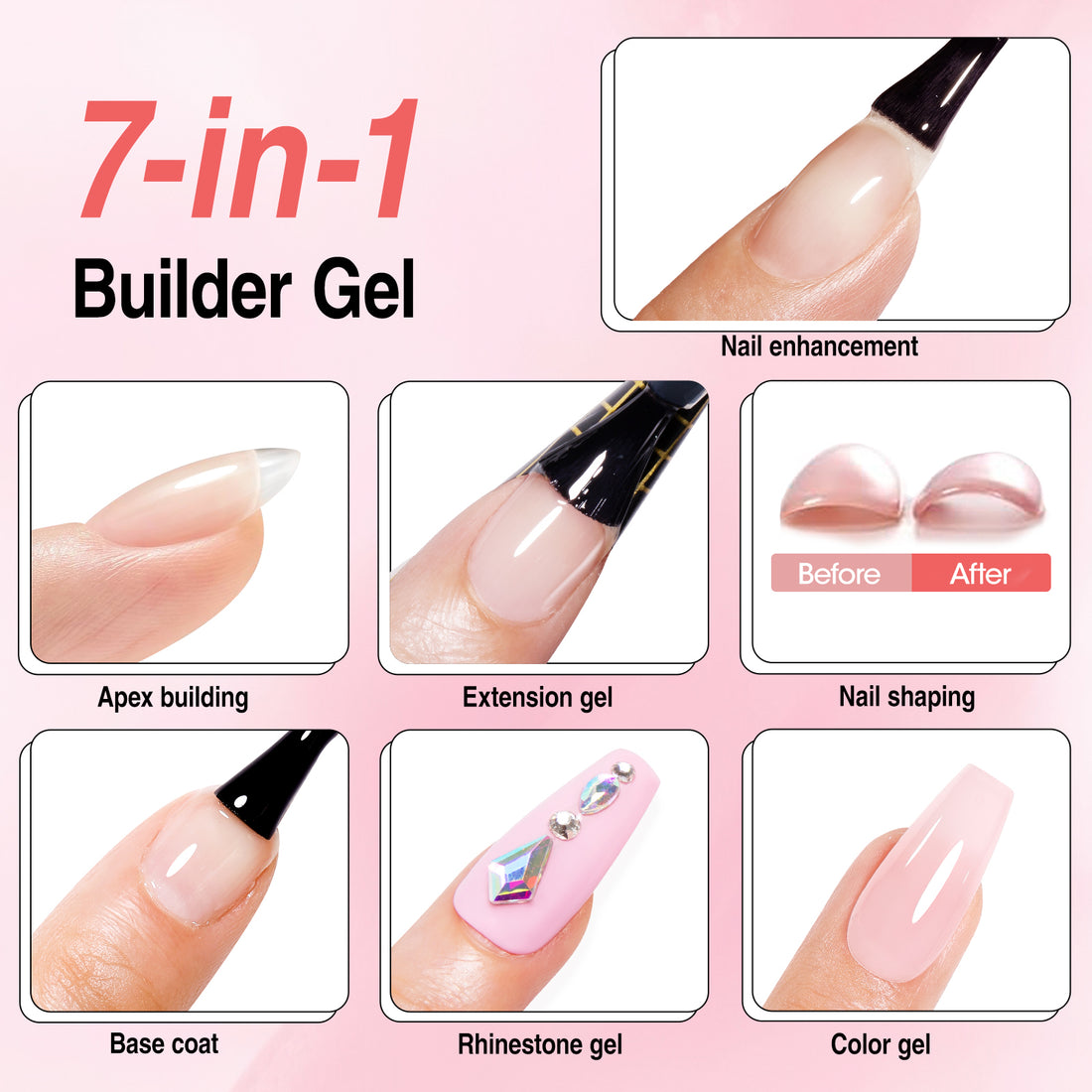 Candy Lover Nail Builder Gel, 7-in-1 Pink Builder for Nails, UV/LED Cured Rubber Base Coat Color Gel Polish Strengthener Thickening Extension Nail Shaping Rhinestone Glue in a Bottle for DIY Home