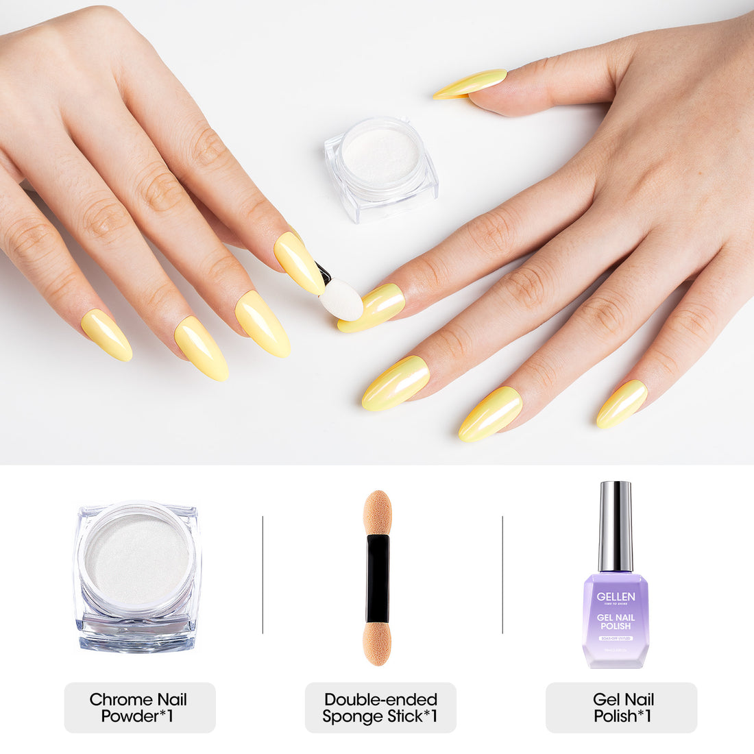 Gellen Gel Polish Chrome Nail Powder Kit - 1Pc 18ml Yellow Gel Nail Polish and 1Pc Pearl Nail Chrome Powder, Iridescent Aurora Mirror Effect Pigment for Nail Polish Nail Art