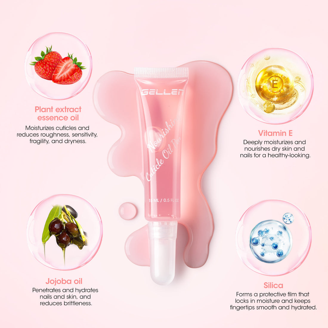 Gellen Cuticle Oil, Nourishing Nail Growth Oil Pen | Rich with Jojoba Oil & VE Soften Cuticles Strengthen Healthier-Looking Nails, Brush Applicator, Pro Care for Nails & Dry Hands, Strawberry Scent