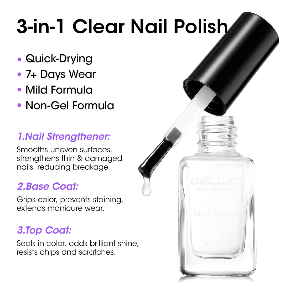Gellen Nail Polish, Quick Dry 3 Colors Metallic Purple Blue & Base Top Strengthener 3-in-1 Nail Polish Set Xmas Halloween Nail Lacquer Set, Gift for Women Home Nail Art, No UV Light Needed, 0.33 Fl.oz