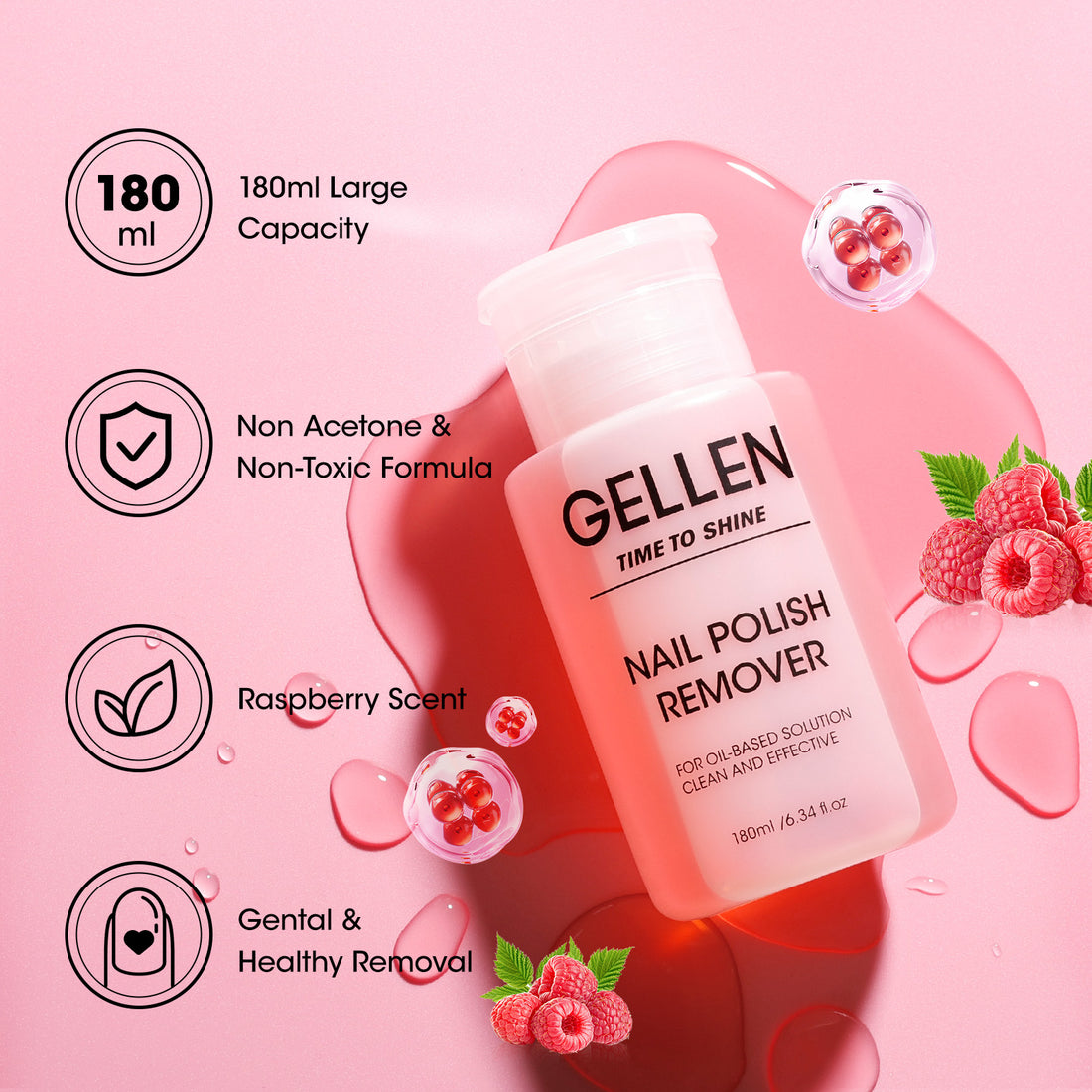 Gellen Nail Polish Remover, 180ML Non Acetone Gentle Nail Polish Remover for Regular Nail Polish, Berry Scent Nail Polish Remover with Easy Push-down Pump, 6.34 fl oz