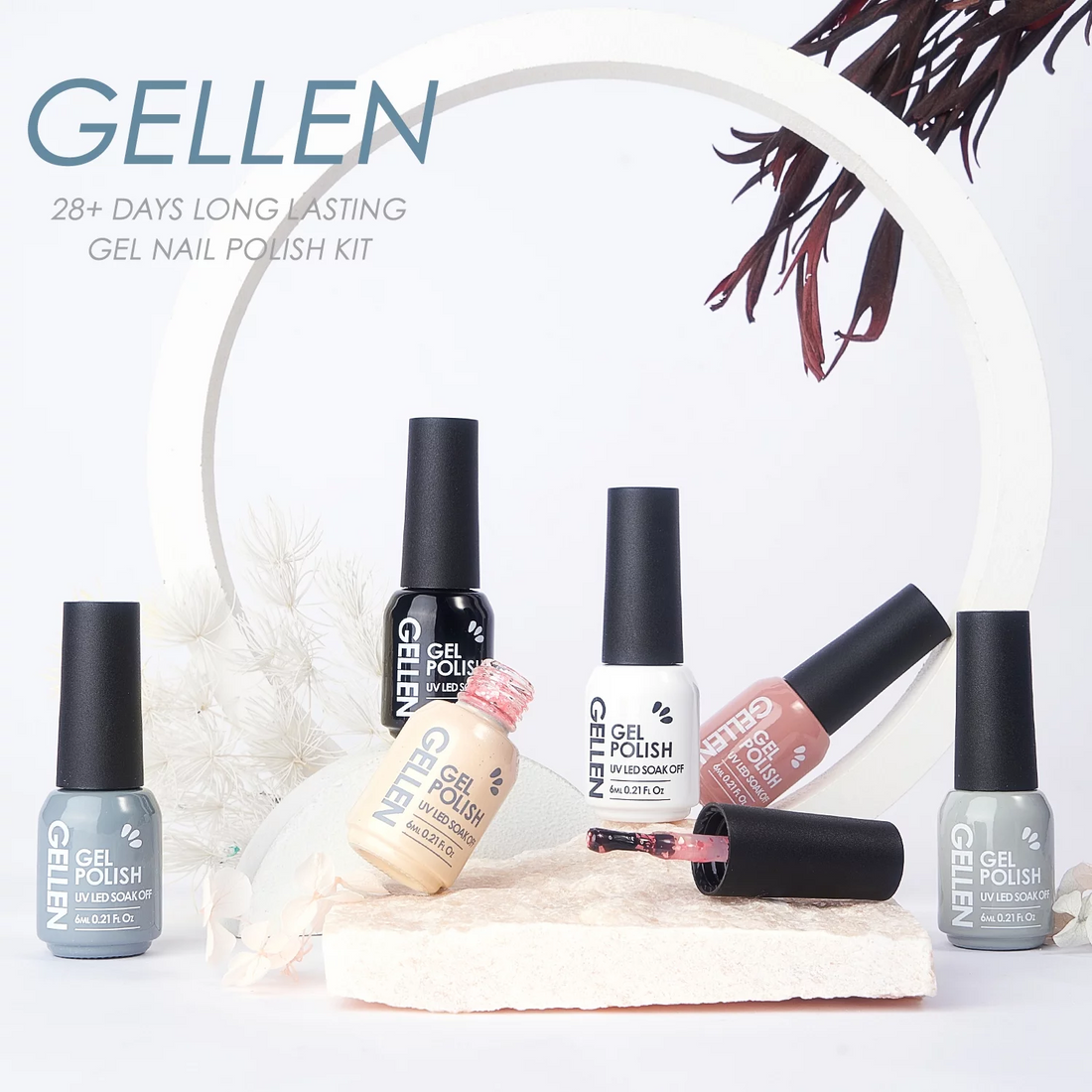 Gellen Gel Nail Polish Kit with Black White Grey Gel Polish, Glitter Pink Nail Polish, Soak off Gel Nail Kit for DIY Home Gel Manicure Set, 6 Colors Gel Nail Polish Kit for Nail Art