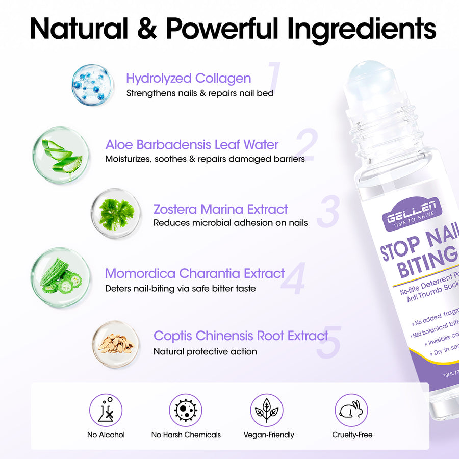 Gellen Nail Biting Treatment for Kids & Adults, Roll-On Stop Thumb Sucking Deterrent, Nail Biting Prevention, Quick Dry & Water-Resistant Anti Nail Biting Polish, Stop Nail Biting 10ml