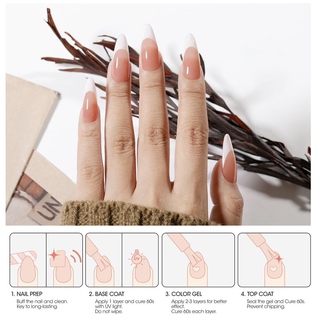 Gellen Nude Jelly Gel Nail Polish Set, 6 Colors White Nude Semi Sheer Gel Polish, No Wipe Soak Off UV Gel for DIY Nail Art Salon French Manicure, 10ml/0.33oz