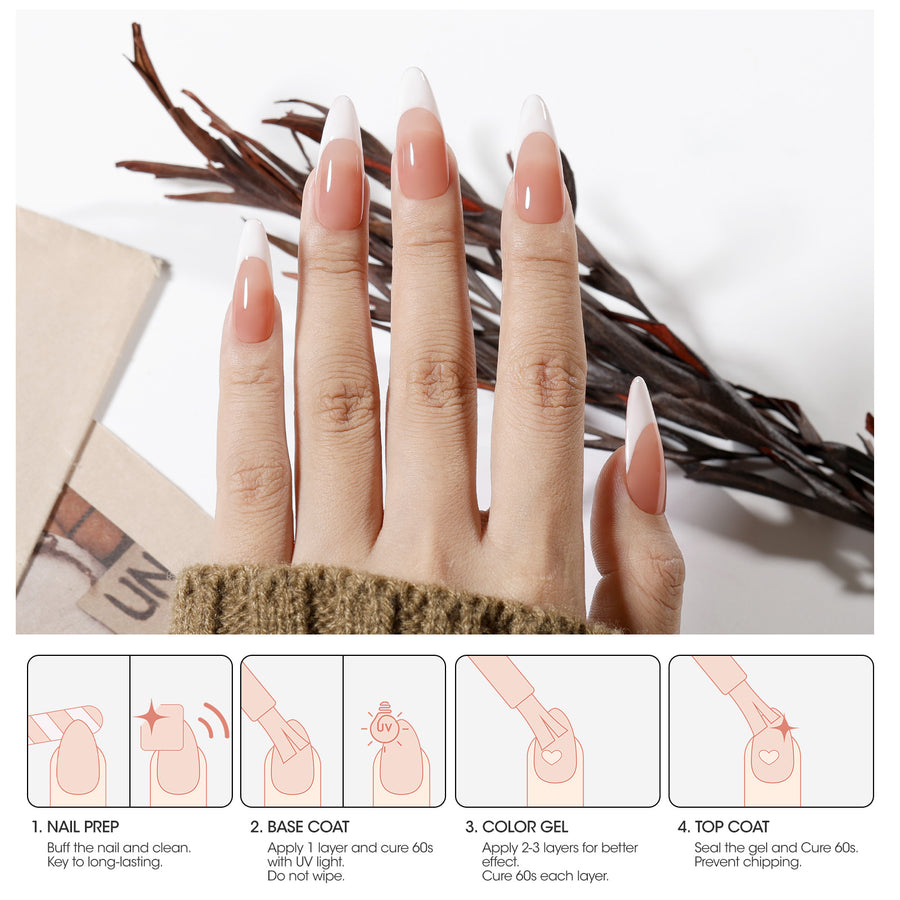 Gellen Nude Jelly Gel Nail Polish Set, 6 Colors White Nude Semi Sheer Gel Polish, No Wipe Soak Off UV Gel for DIY Nail Art Salon French Manicure, 10ml/0.33oz