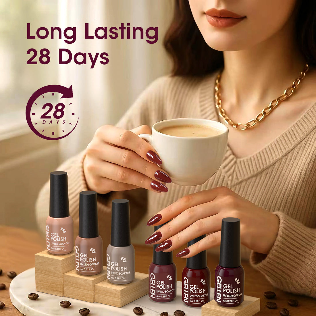 Gellen Gel Nail Polish Set of 6 Same Color Same Bottle Beige Brown Wine Red Nude Glossy Gel Polish, Soak off Gel Nail Kit for DIY Home Gel Manicure Set for Nail Art