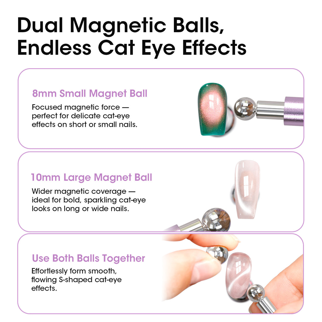 Gellen Double-Ended Cat Eye Magnet Stick, Dual Cat Eye Gel Nail Polish Sturdy Magnet Tool with Round Beads, Multifunctional Cat-Eye Nail Art Effect at Home Salon DIY