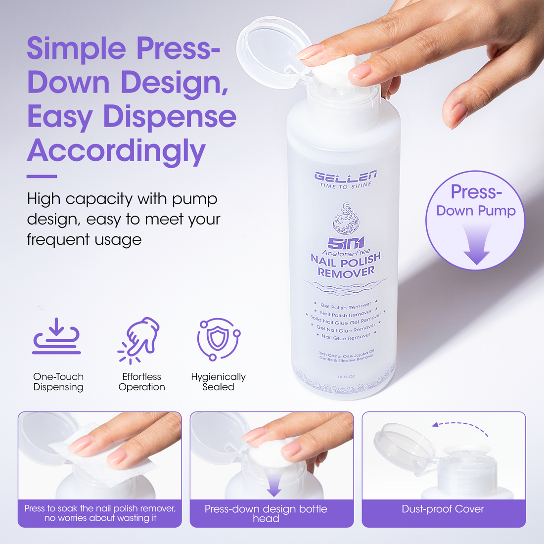 Gellen 5-in-1 Nail Polish Remover Kit, Non Acetone Fast Remover for Regular Nail Polish, UV Gel Polish, Fake Nails, Solid Gel & Nail Glue, Low Odor Nail Polish Remover with Push-down Pump, 16Fl.oz