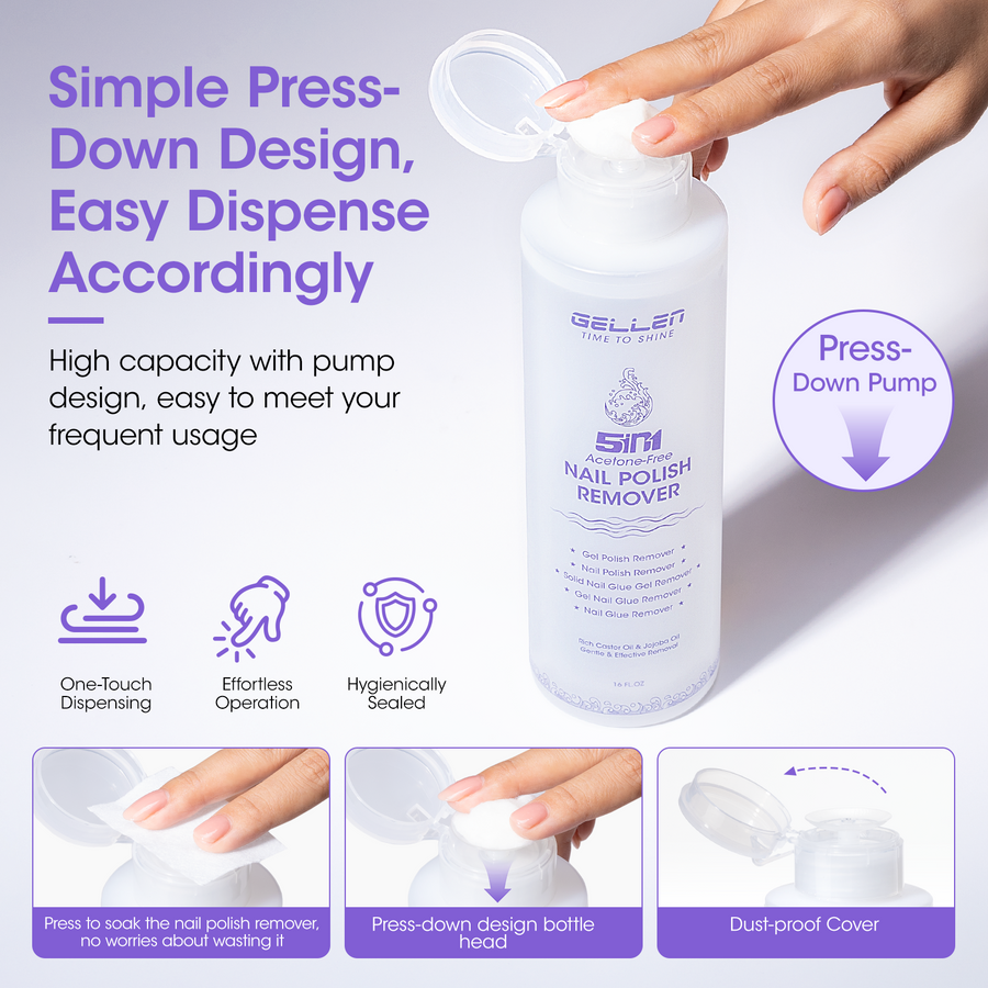 Gellen 5-in-1 Nail Polish Remover Kit, Non Acetone Fast Remover for Regular Nail Polish, UV Gel Polish, Fake Nails, Solid Gel & Nail Glue, Low Odor Nail Polish Remover with Push-down Pump, 16Fl.oz