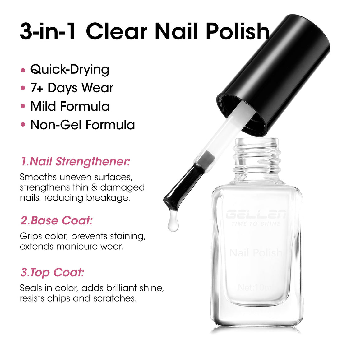 Gellen Nail Polish, Quick Dry 3 Colors Metallic Magenta Purple & Base Top Strengthener 3-in-1 Nail Polish Set Xmas Halloween Nail Polish Gift for Women Home Nail Art, No UV Light Needed, 0.33 Fl.oz