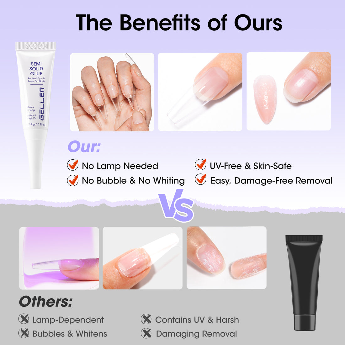 Gellen Lamp-Free Semi Solid Nail Glue for Press on Nails, Soak off Gel Nail Glue Remover for False Acrylic Nails, Super Strong Gel Glue Quick Removal Kit