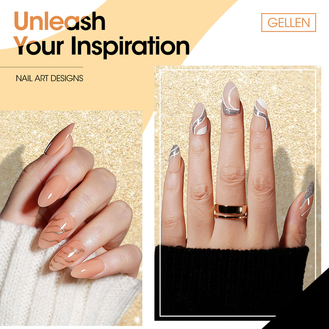 Gellen Gel Liner Nail Polish, 2 Colors Gold Sliver Nail Art Gel Nail Polish Set, Gel Polish Soak Off UV Cure Gel Built Thin Nail Brush Christmas Gifts for Women