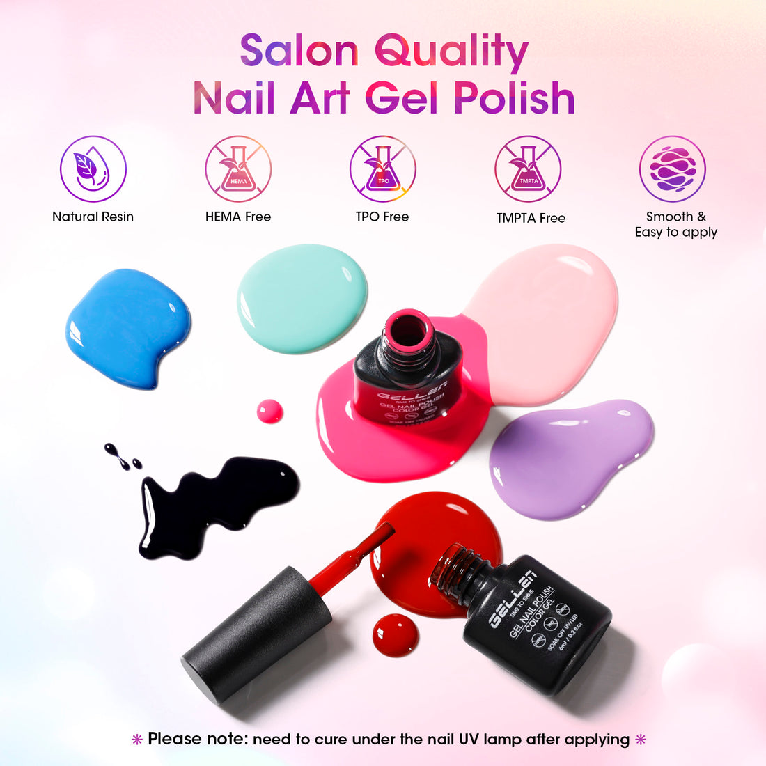 Gellen 71Pcs Gel Nail Polish Kit with 54W UV Light, 32Colors Rainbow Glow All Seasons Hema-Free Gel Polish Set with 5pcs Functional Gel Top Base Coat, Nail Art Salon Manicure for Women