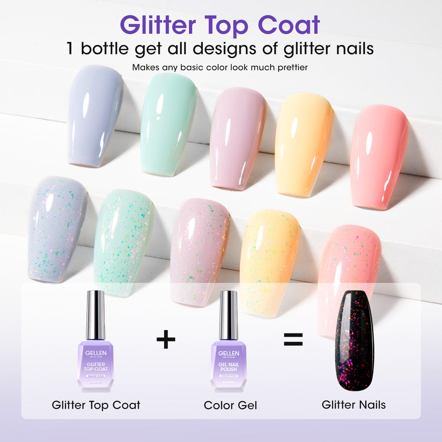 Gellen Glitter Gel Top Coat, 18ML No Wipe Glitter Gel Top Coat, Clear UV Top Coat Gel Nail Polish, Soak Off Nail Lamp Gel Base Top Coat Nail Art Home Manicure