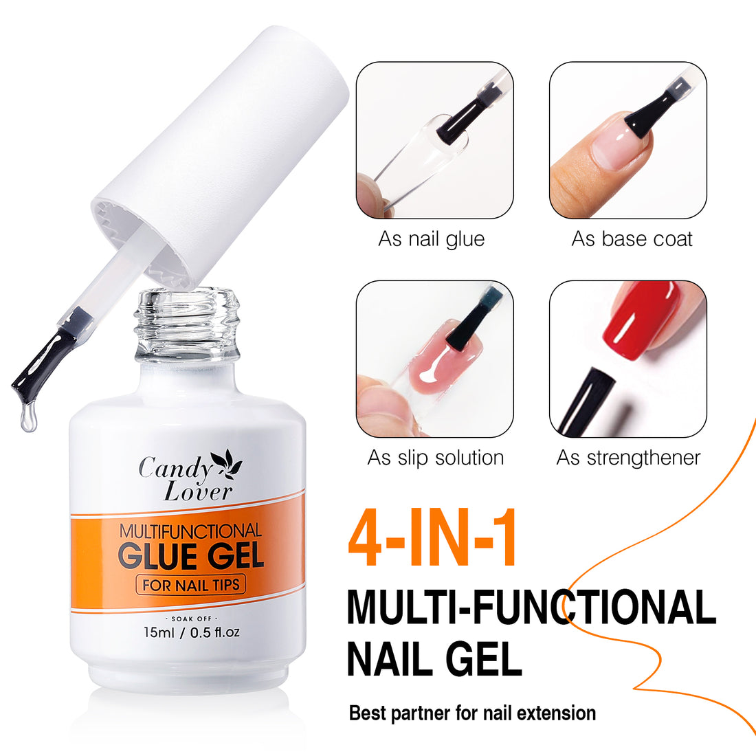 Candy Lover 15ML Nail Glue Gel for Nail Tips, UV Lamp Needed Clear Nail Gel As Base Gel, As Rhinestone Glue, As Nail Tips Glue for Press on Acrylic and False Nails