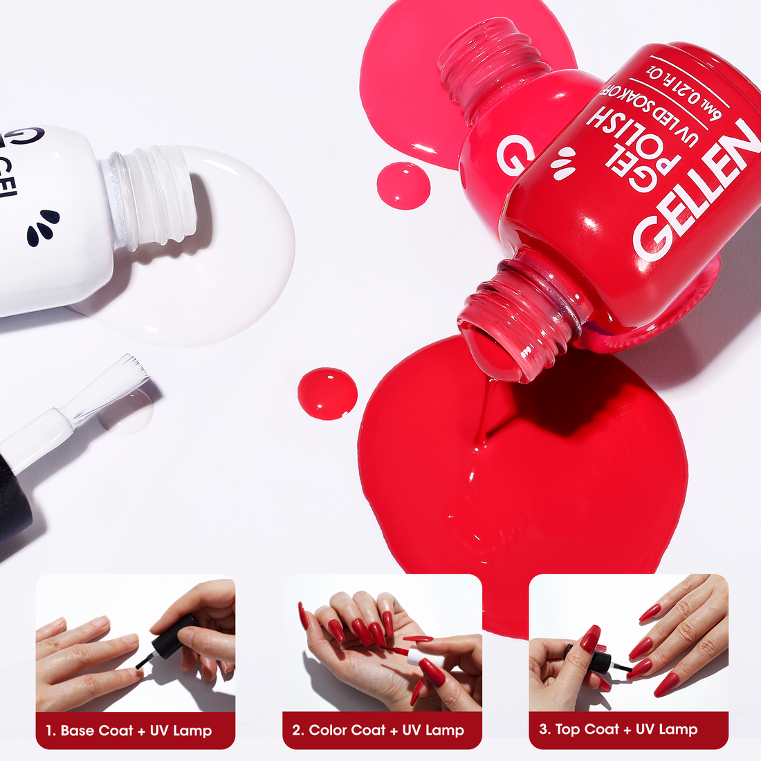 Gellen Gel Nail Polish Kit, Glossy White Pink Red Gel Polish, Soak off Gel Nail Kit for DIY Home Gel Manicure Set, 6 Colors Nail Polish Kit for Nail Art