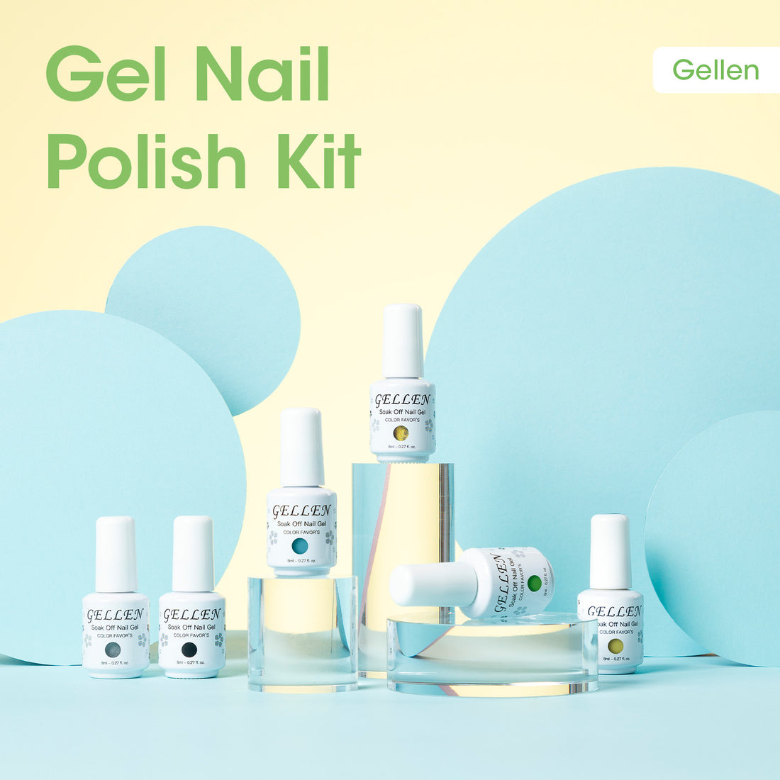 Gellen 6×8ml Gel Nail Polish Kit with Magnet, Natural 4 Effects Cat Eye & Blooming & Shimmer & Nude Gel Polish Set, Soak off Nail Gel At Home Salon Use, Yellow Green Blue Series