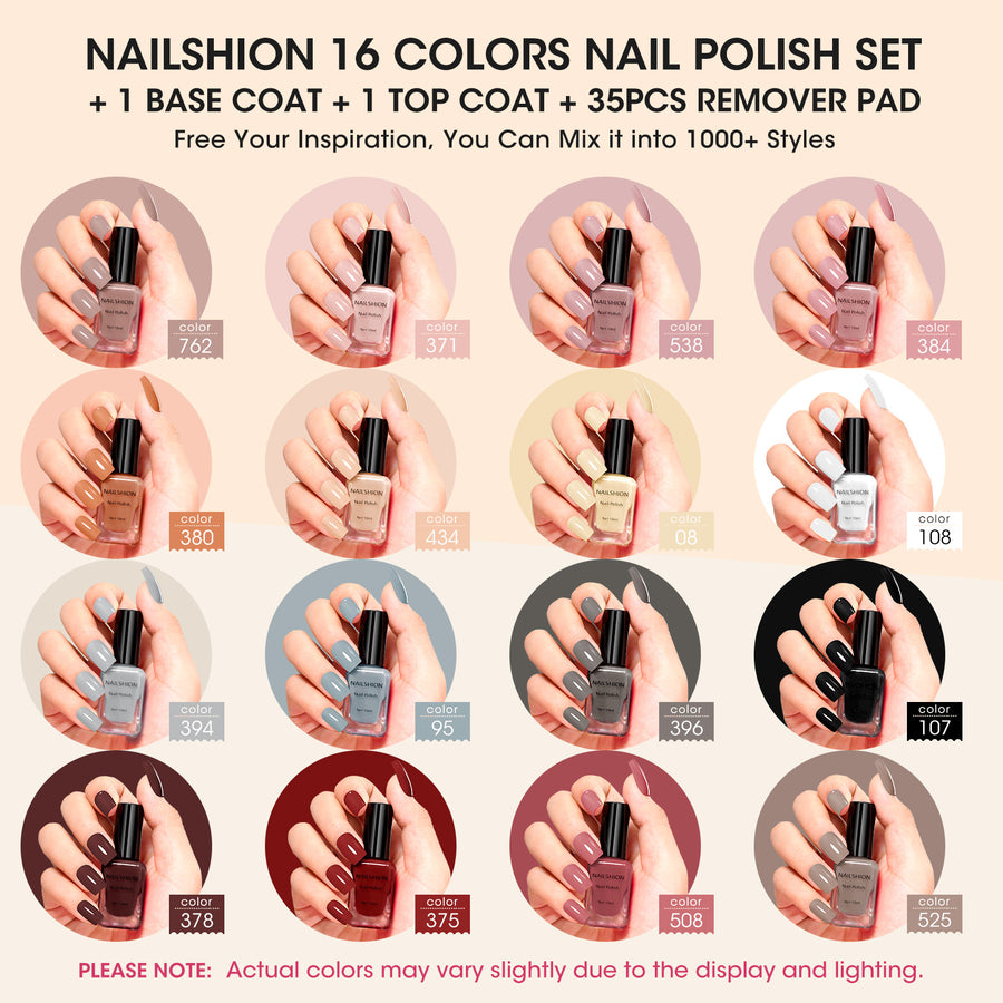 Nailshion Quick Air Dry Nail Polish Set, 16 Colors 10ML Nude Gray Burgundy Nail Polish with Clear Base Top Coat and 35Pcs Remover Pads Fall Regular Nail Lacquer Gift for Women Girls