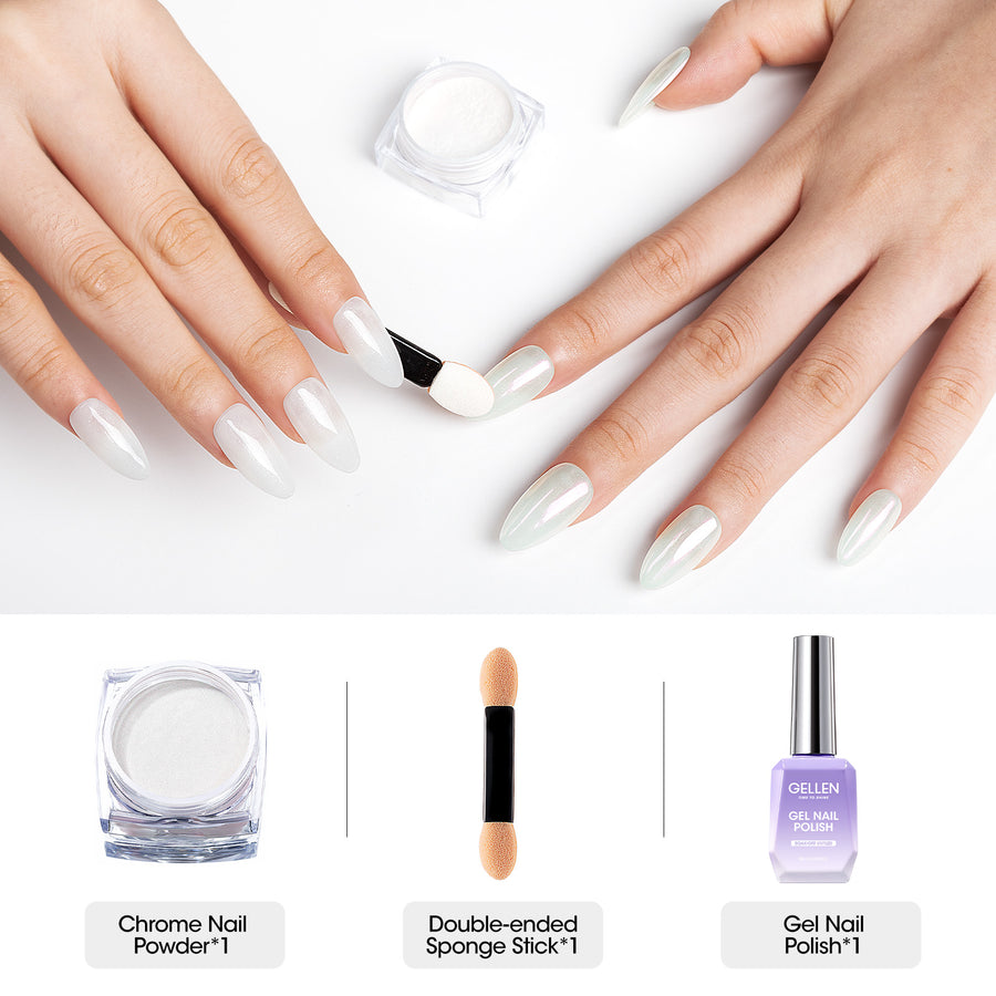 Gellen Gel Polish Chrome Nail Powder Kit - 1Pc 18ml Milky White Gel Nail Polish and 1Pc Pearl Nail Chrome Powder, Iridescent Aurora Mirror Effect Pigment for Nail Polish Nail Art