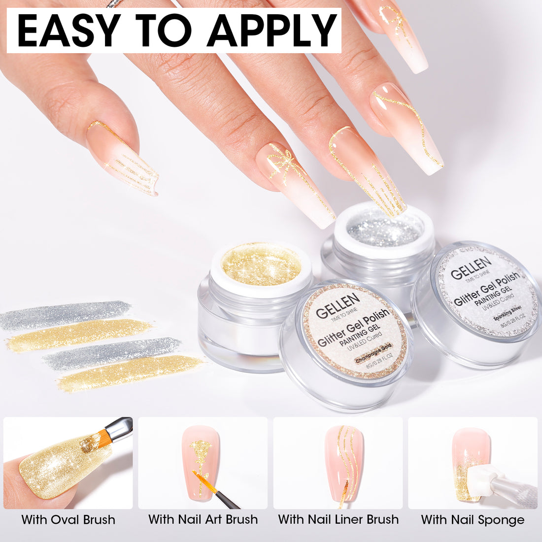 Gellen Glitter Gold&Sliver Gel Polish, Metal Platinum Reflective Painting Gel for Nails Drawing French-tip Floral Painted Liner Soak off UV/LED Cured for Salon DIY Nail Art