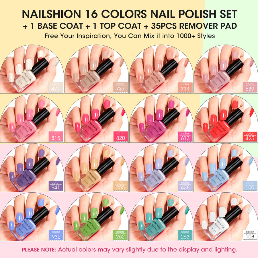 Nailshion Quick Air Dry Nail Polish Set, 16 Colors 10ML Nude Red Blue Green Nail Polish with Clear Base Top Coat and 35Pcs Remover Pads All Season Regular Nail Lacquer Gift for Women Girls