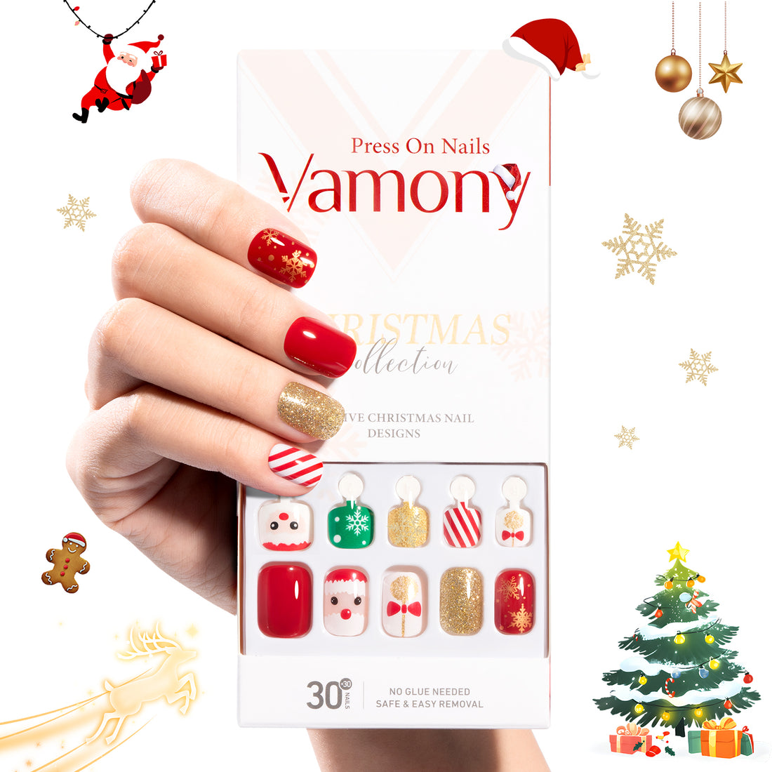 Vamony Short Square Press on Nails, Fake Nail Tips Kit with Adhesive Tabs, Mani Sticks and Files, 30 Count Xmas06 French False Nails Set Gift for Mom & Kids