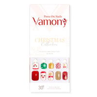 Vamony Short Square Press on Nails, Fake Nail Tips Kit with Adhesive Tabs, Mani Sticks and Files, 30 Count Xmas06 French False Nails Set Gift for Mom & Kids